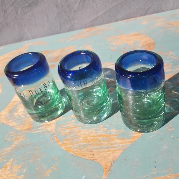 3 Art Glass Hand Blown Shot Glasses Handmade Colored Bubble Glass Blue Green - Picture 3 of 10